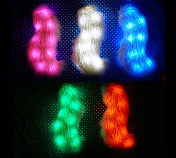 White Light Up Rave Costume Animal Wolf Tail With White, Blue, Red, Green, or Pink LEDs