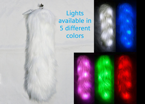 White Light Up Rave Costume Animal Fox Tail With White, Red, Green, Blue, or Pink LED Lights