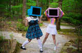 Two monitor head cosplay girls in a forest